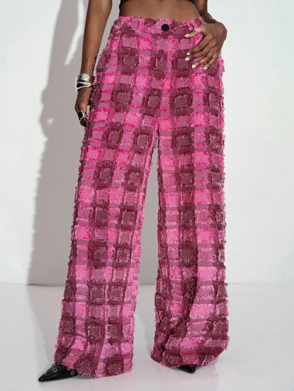 Hot Pink Party Women's Tassel Cut-Out Plaid Wide Leg Long Pants